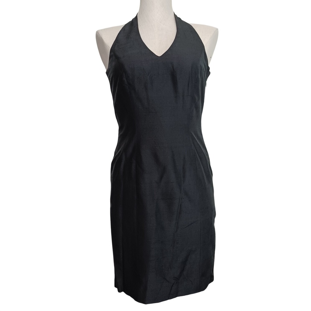 Spenser Jeremy Black 100% Raw Silk Halter Keyhole Back Cocktail Dress Size 4